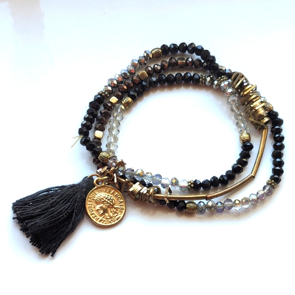 Trendy Glass Beaded Triple Strand Traveler France Coin Charm Stretch Bracelet